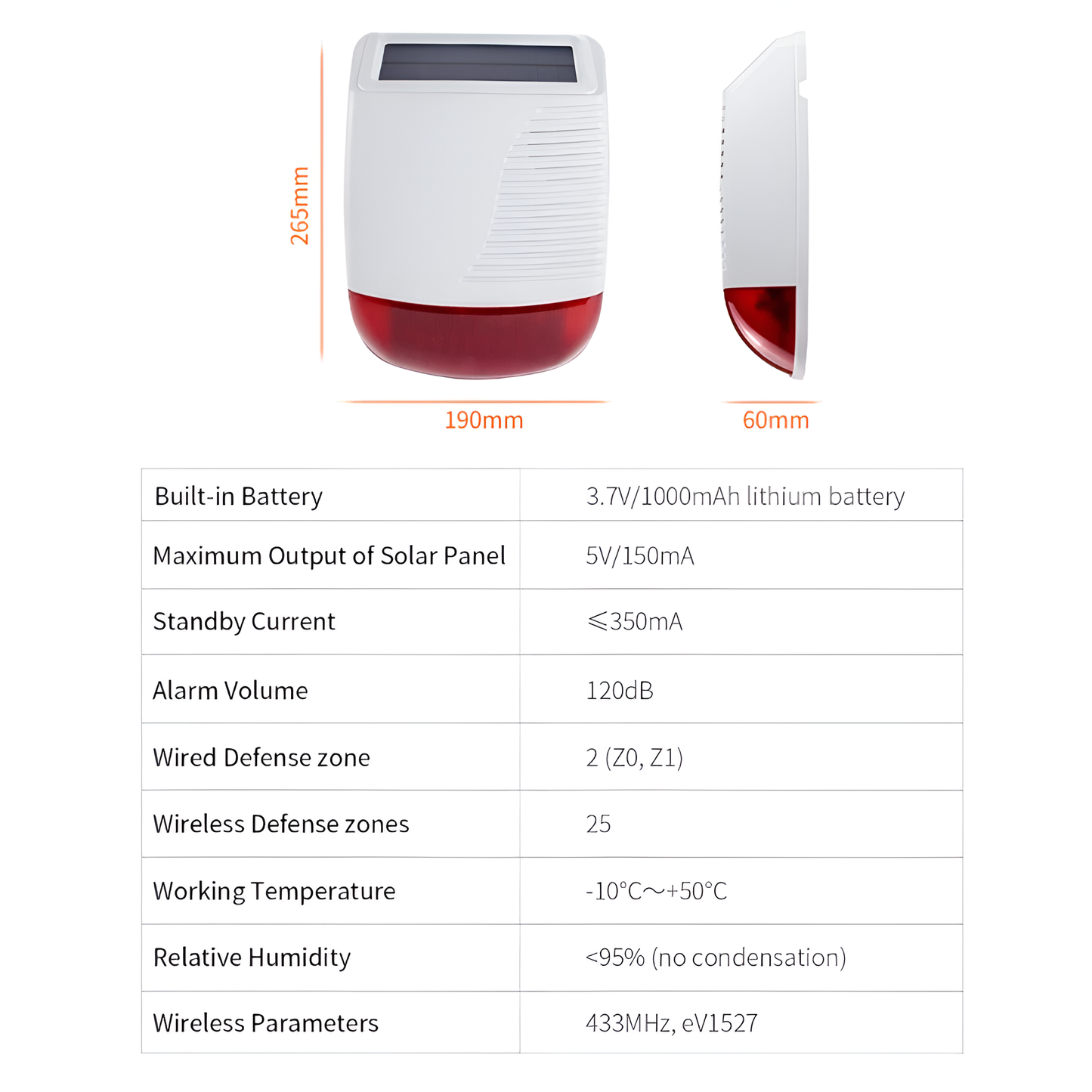 433Mhz High Decibel Outdoor Solar Wireless Siren Loudspeaker Waterproof Strobe for Smart Home Security Burglar Alarm System